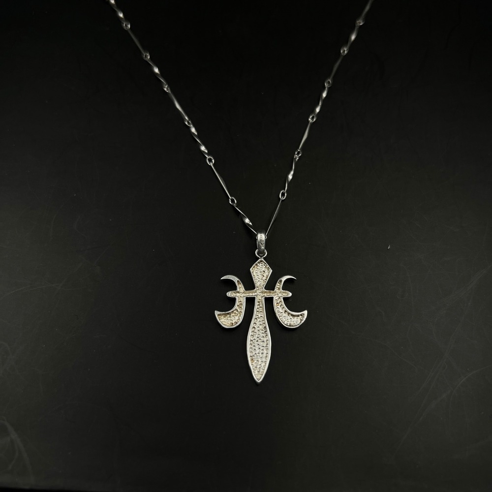 Sterling Silver 925 Fleur De Lis Cross Pendant 16in Twisted Bar Link Necklace 3g